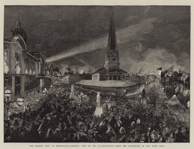 La visita della regina a Birmingham, vista generale delle illuminazioni dalla colonnata del municipio da Joseph Finnemore